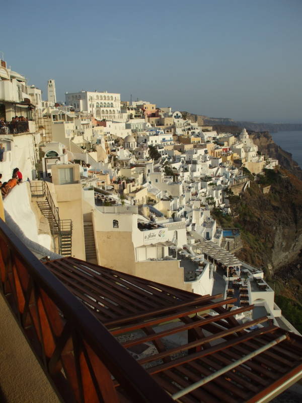 A view of the white domes in Thira, the main town of Santorini.