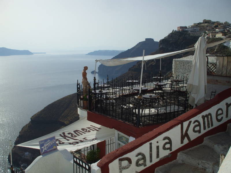 The caldera and the towns of Fira and Oia on Santorini.