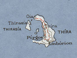 Map of the island of Santorini or Thira.