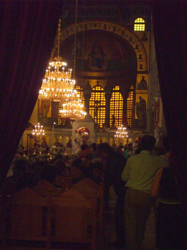 Interior of Aghias Dimitrios Greek Orthodox church in Thessaloniki during a wedding.