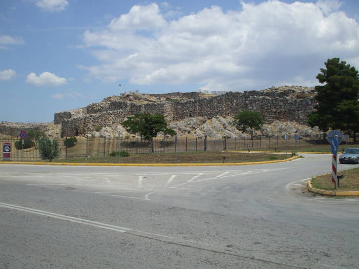 The ancient fortress of Tiryns near Nafplio and the Argolid Gulf.