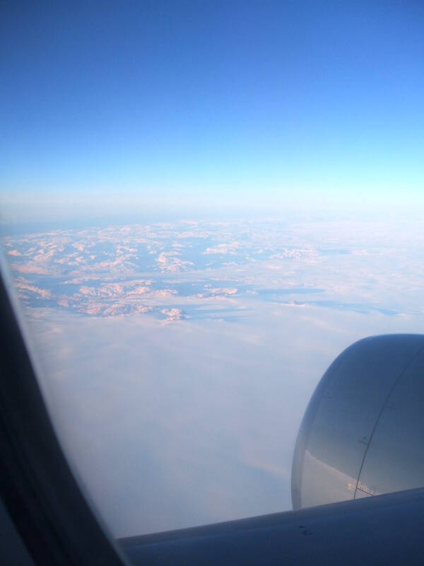 View of Greenland from on board Northwest Airbus 330 from London Gatwick to Minneapolis, 13 December 2006, crossing Greenland just south of Nuuk.