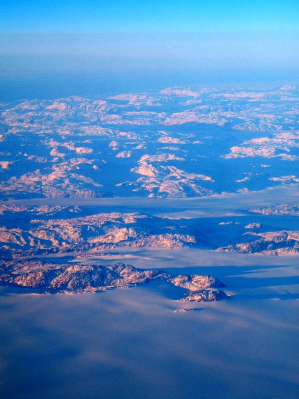 View of Greenland from on board Northwest Airbus 330 from London Gatwick to Minneapolis, 13 December 2006, crossing Greenland just south of Nuuk.