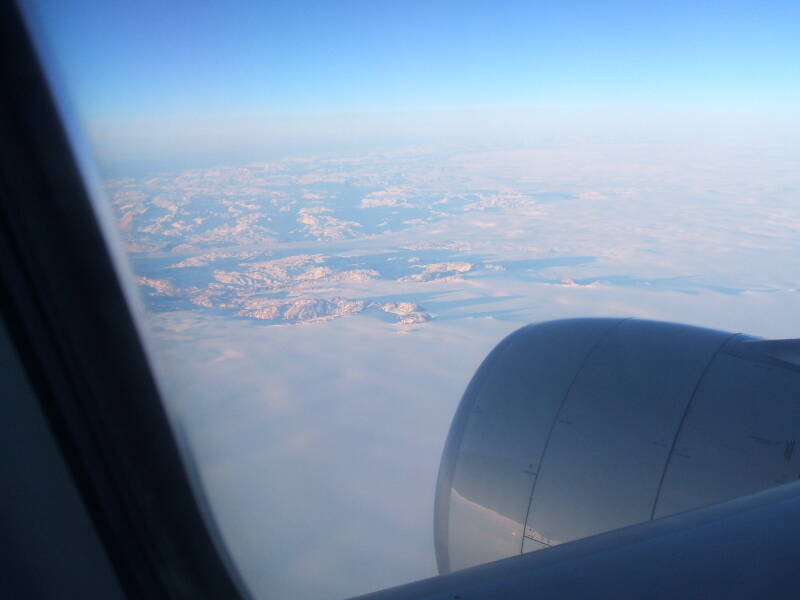 View of Greenland from on board Northwest Airbus 330 from London Gatwick to Minneapolis, 13 December 2006, crossing Greenland just south of Nuuk.