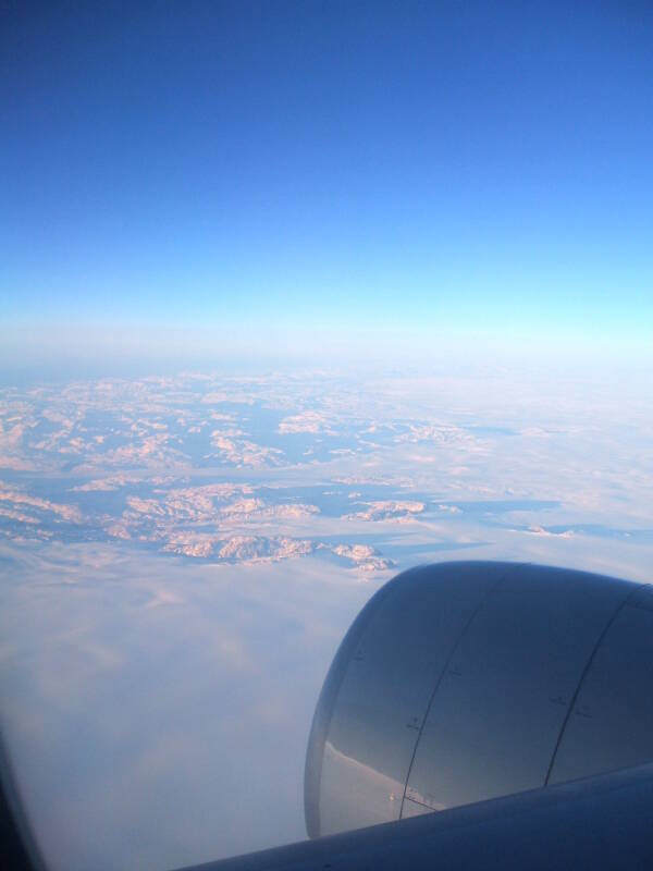 View of Greenland from on board Northwest Airbus 330 from London Gatwick to Minneapolis, 13 December 2006, crossing Greenland just south of Nuuk.