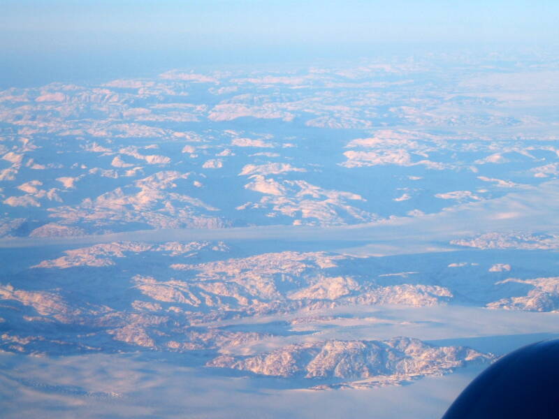 View of Greenland from on board Northwest Airbus 330 from London Gatwick to Minneapolis, 13 December 2006, crossing Greenland just south of Nuuk.