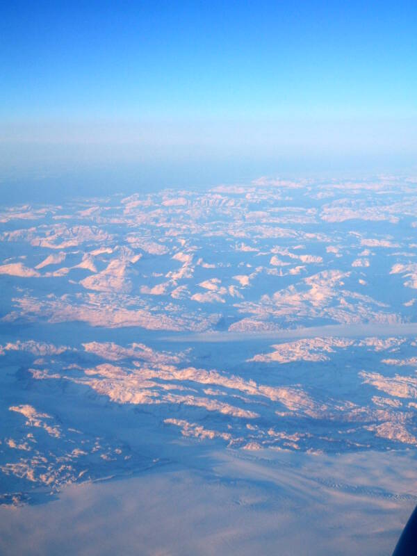 View of Greenland from on board Northwest Airbus 330 from London Gatwick to Minneapolis, 13 December 2006, crossing Greenland just south of Nuuk.