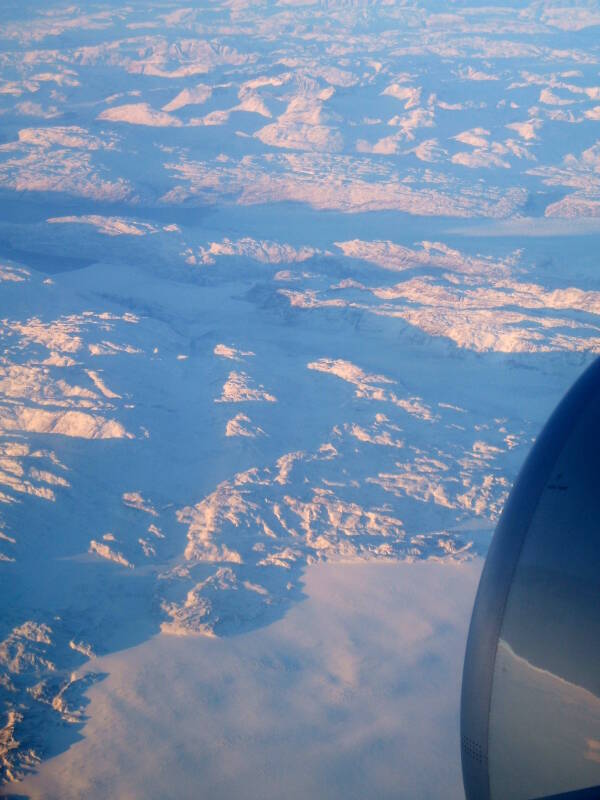 View of Greenland from on board Northwest Airbus 330 from London Gatwick to Minneapolis, 13 December 2006, crossing Greenland just south of Nuuk.