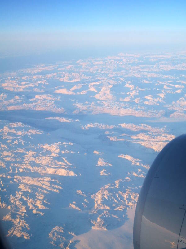 View of Greenland from on board Northwest Airbus 330 from London Gatwick to Minneapolis, 13 December 2006, crossing Greenland just south of Nuuk.