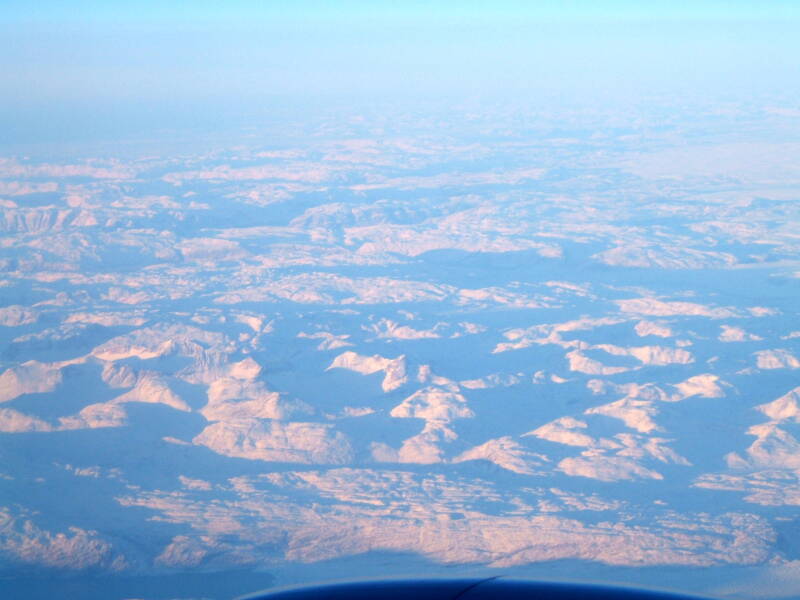 View of Greenland from on board Northwest Airbus 330 from London Gatwick to Minneapolis, 13 December 2006, crossing Greenland just south of Nuuk.