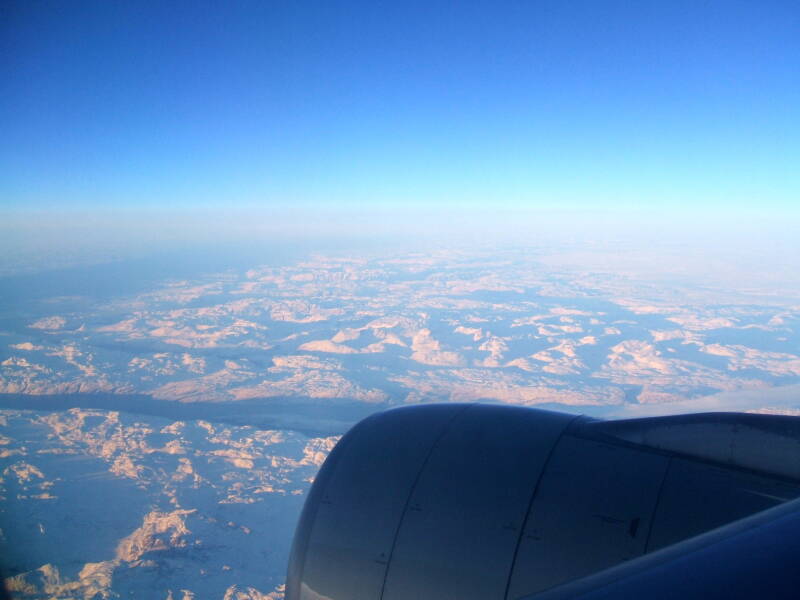 View of Greenland from on board Northwest Airbus 330 from London Gatwick to Minneapolis, 13 December 2006, crossing Greenland just south of Nuuk.