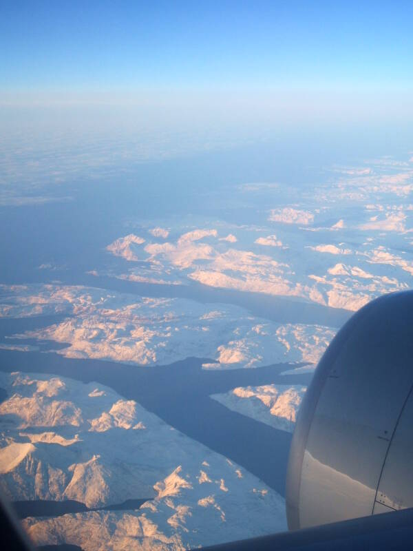 View of Greenland from on board Northwest Airbus 330 from London Gatwick to Minneapolis, 13 December 2006, crossing Greenland just south of Nuuk.