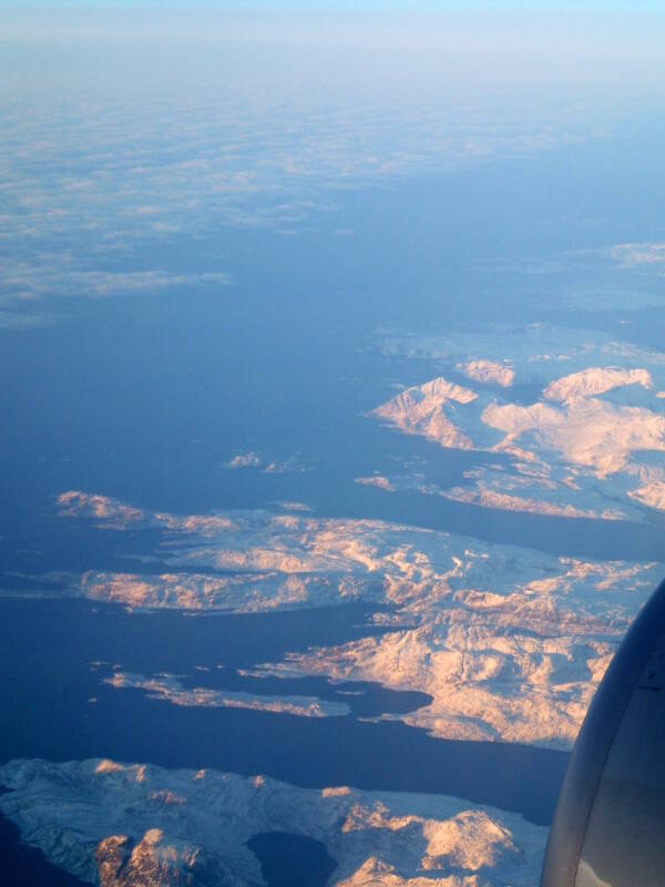View of Greenland from on board Northwest Airbus 330 from London Gatwick to Minneapolis, 13 December 2006, crossing Greenland just south of Nuuk.