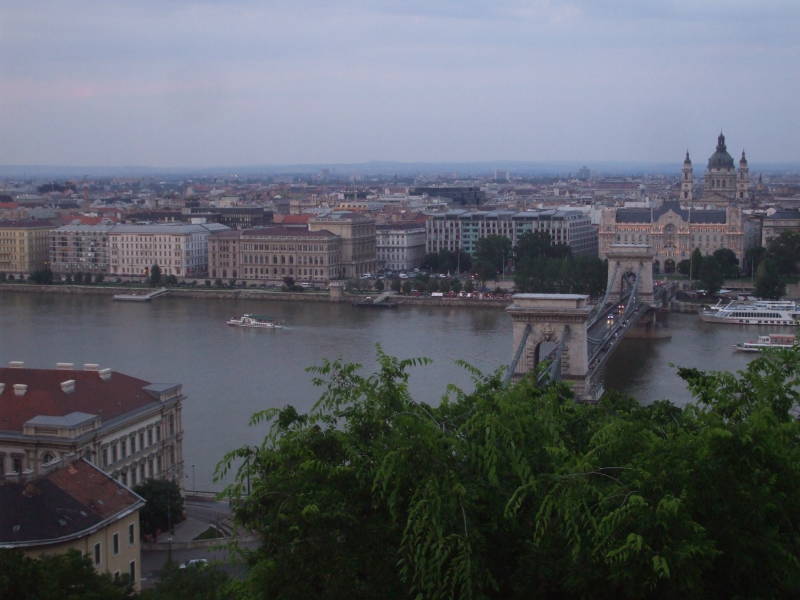 The Chain Bridge across the Danube as seen from Castle Hill in Budapest.