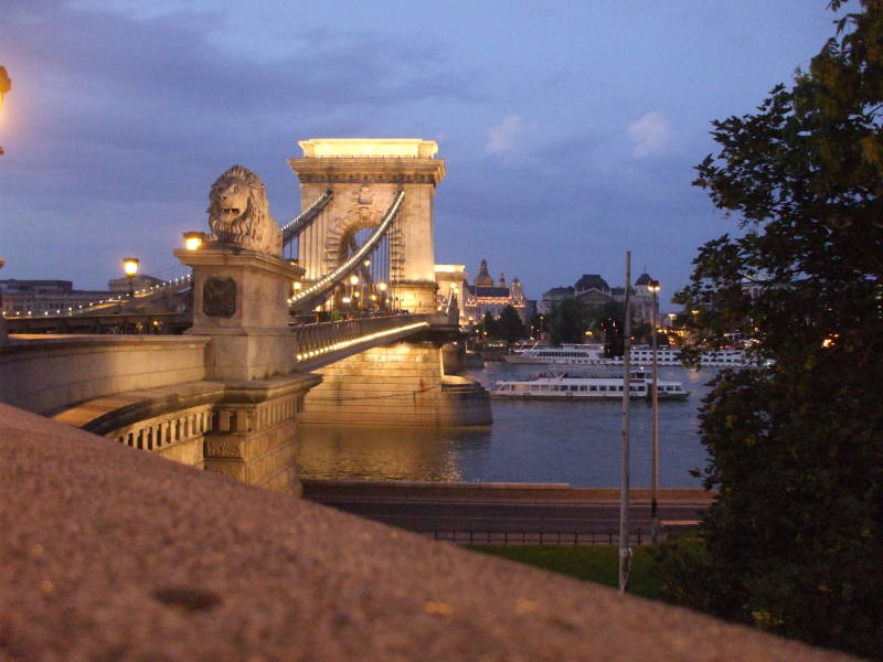 The Chain Bridge lighted at night across the Danube in Budapest.