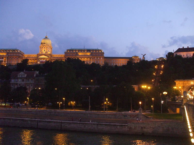 Castle Hill lighted at night in Budapest.