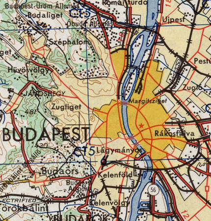 Map of Budapest, Hungary showing the Danube River, roads and rail lines.