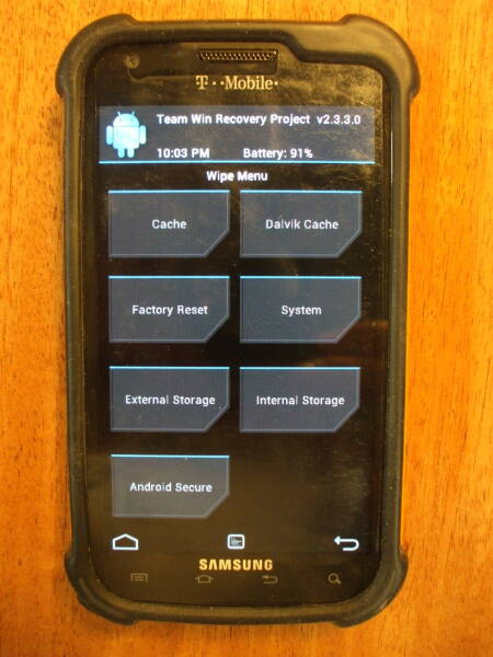 Cyanogenmod custom firmware installation on an Android phone, recovery firmware is about to wipe storage.