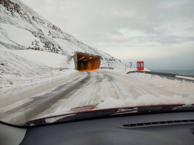 Entering the Múlagöng single-lane tunnel to Ólafsfjörður.