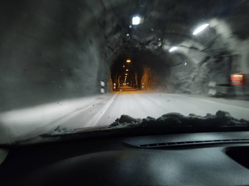 Driving through the Múlagöng single-lane tunnel to Ólafsfjörður.
