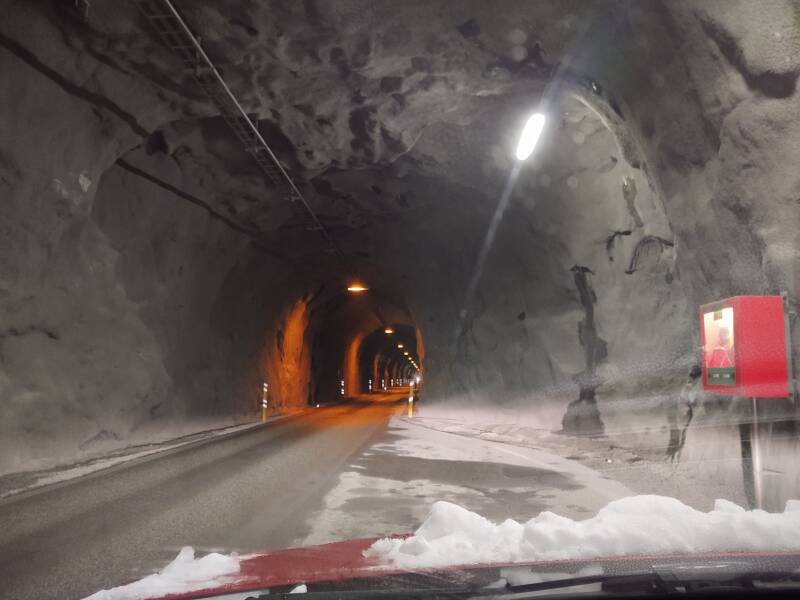 Waiting in a passing niche in the Múlagöng single-lane tunnel to Ólafsfjörður.