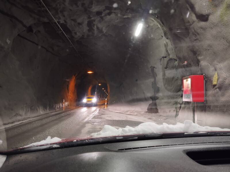 Waiting in a passing niche in the Múlagöng single-lane tunnel to Ólafsfjörður.