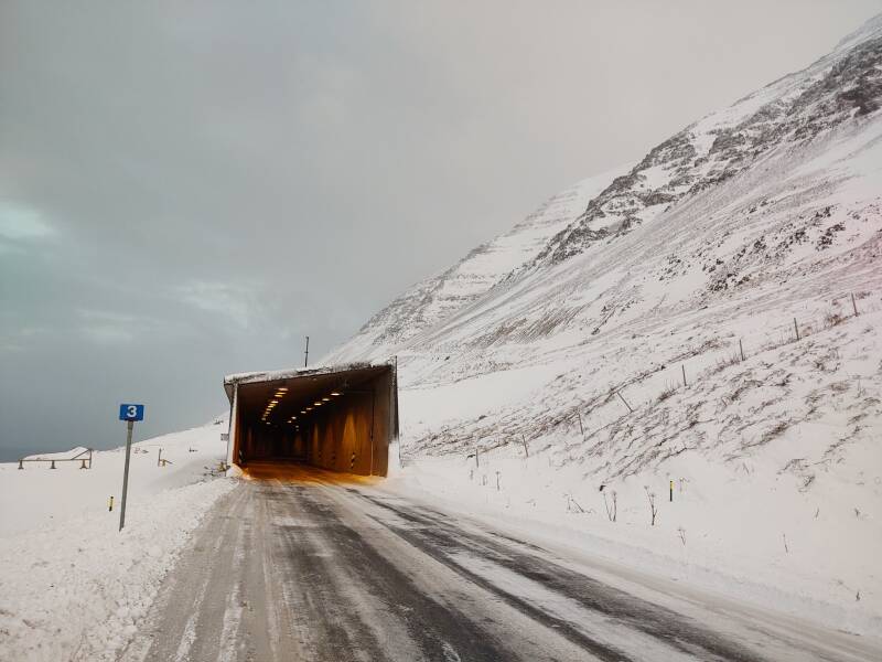 Having just exited the Múlagöng single-lane tunnel to Ólafsfjörður.