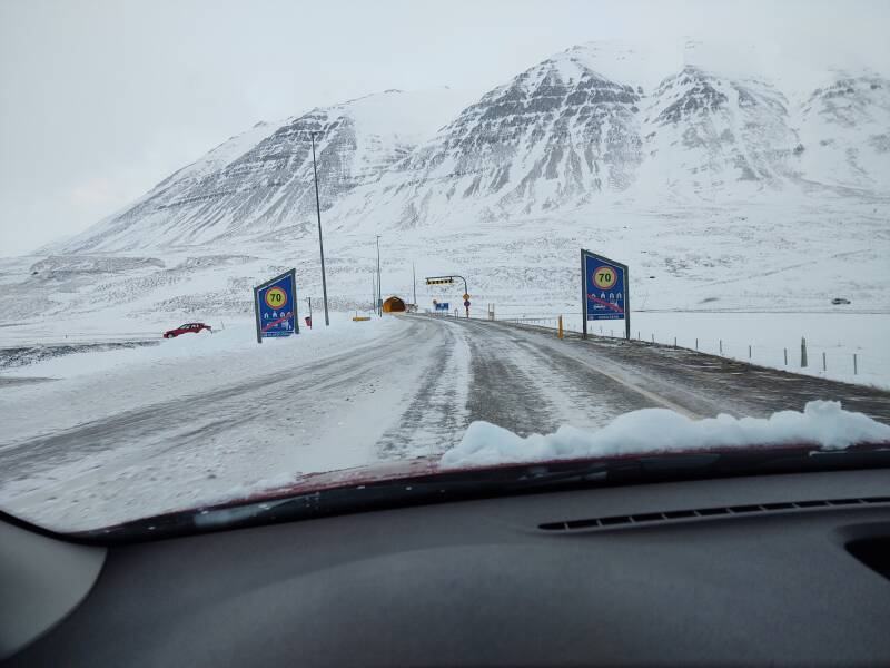 Entering Héðinsfjarðargöng tunnel from Ólafsfjörður to Siglufjörður.