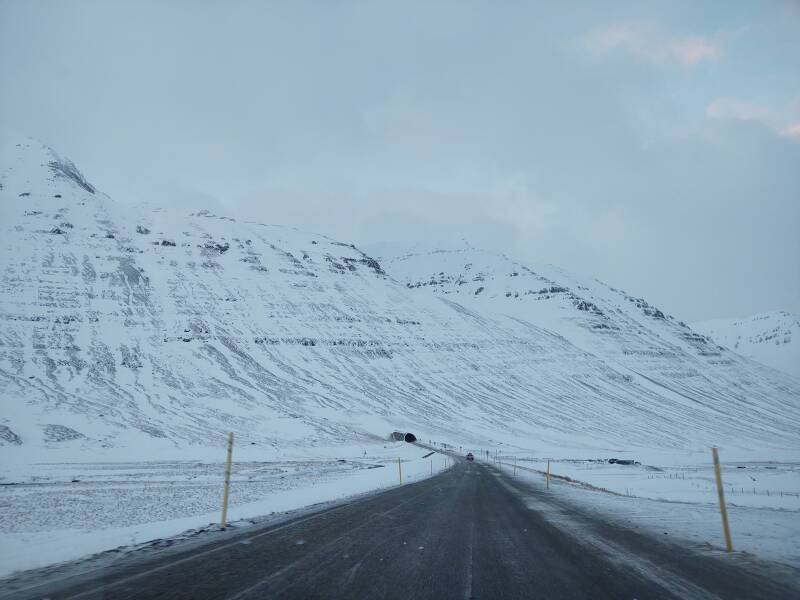 Passing between two segments of Héðinsfjarðargöng tunnel from Ólafsfjörður to Siglufjörður.