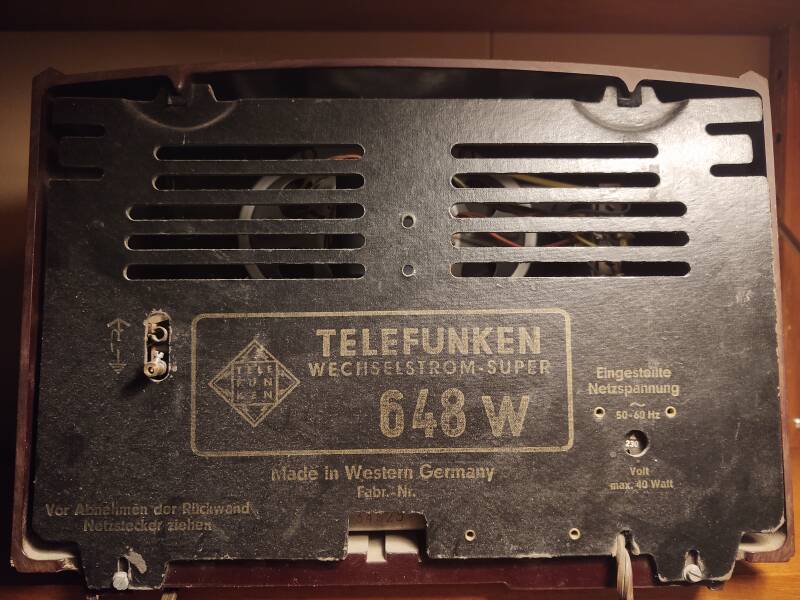 Telefunken Wechselstrom-Super 648W SW/MW/LW radio in my room in the Siglunes Guesthouse in Siglufjörður, rear panel.