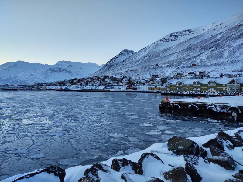 The port, a new hotel, and homes in Siglufjörður.