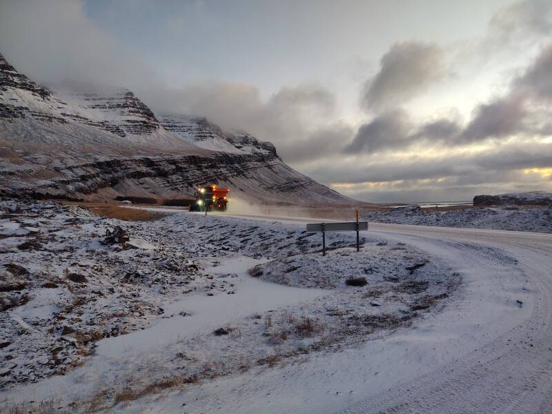 Snow plow on Highway 1 near Breiðdalsvík.