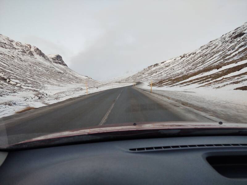 Driving inland on Highway 1 to Egilsstaðir.