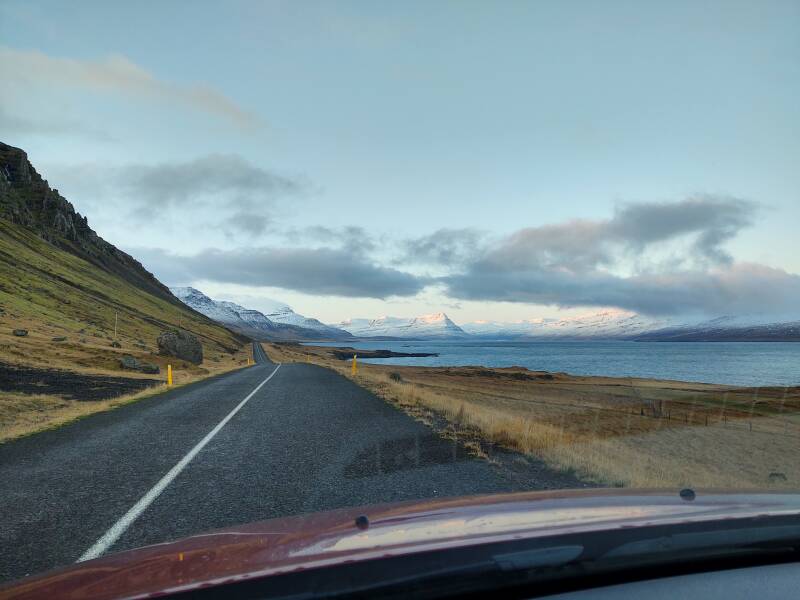 Driving Road 955 along Reyðarfjörður fjord.