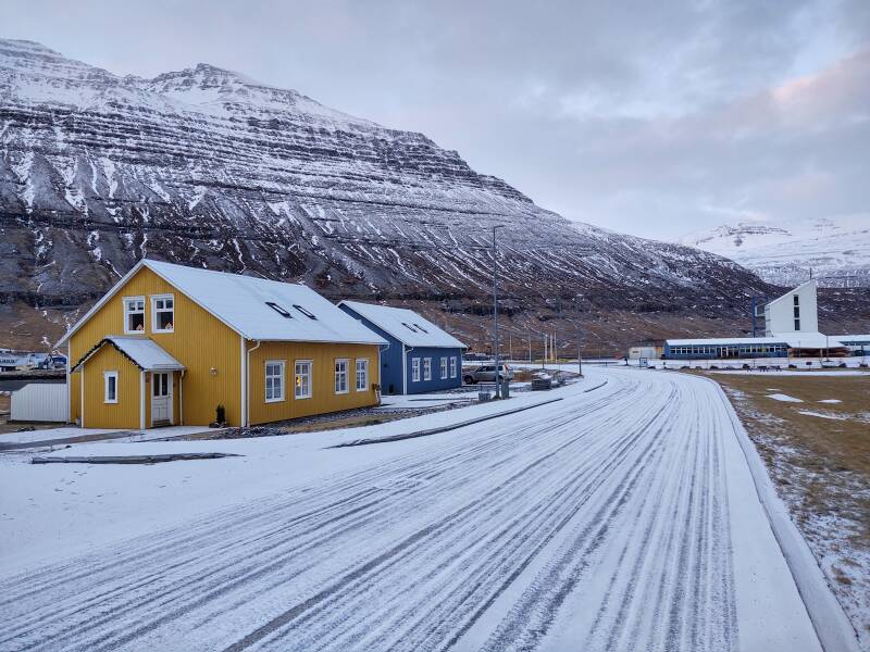Yellow and blue apartments in Seyðisfjörður.