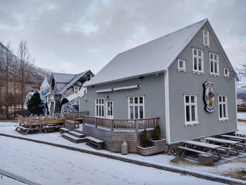 Colorful businesses in Seyðisfjörður.