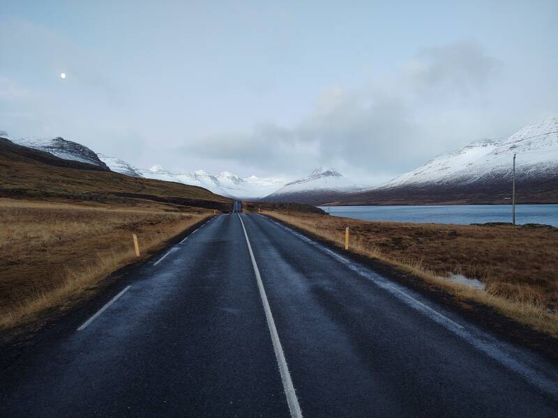 Thin film of ice on Highway 1 along Stöðvarfjörður.