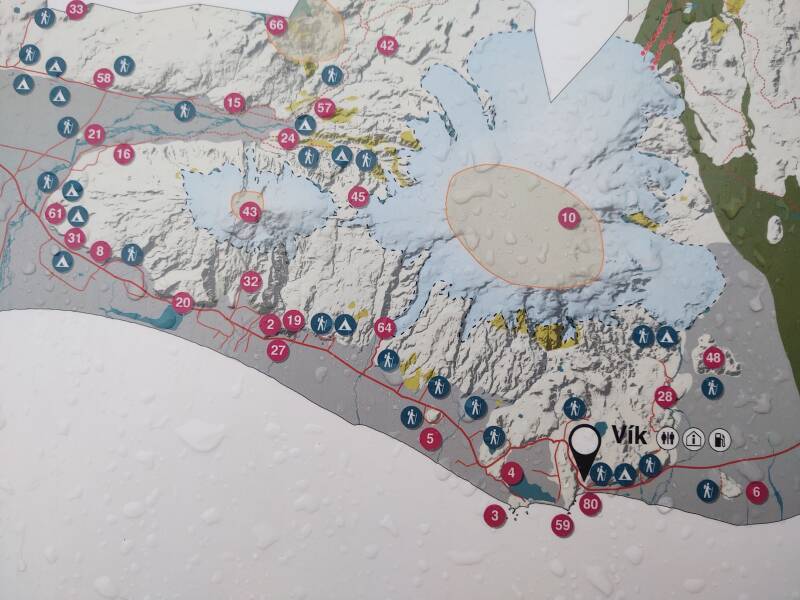 Map of the national geopark along highway #1, the Ring Road, in southern Iceland.