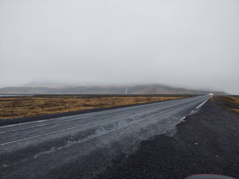 Approaching Seljalandsfoss waterfall on highway #1, the Ring Road, in southern Iceland.