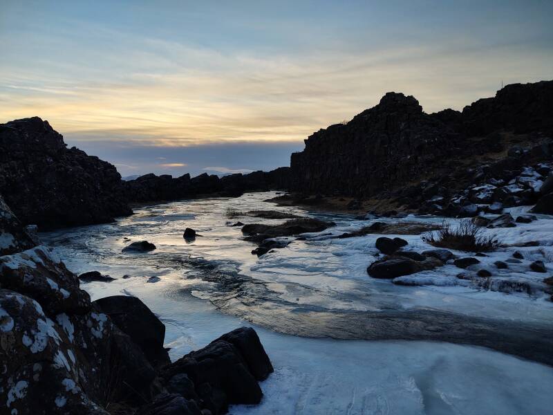 Partially frozen river at Þingvellir.