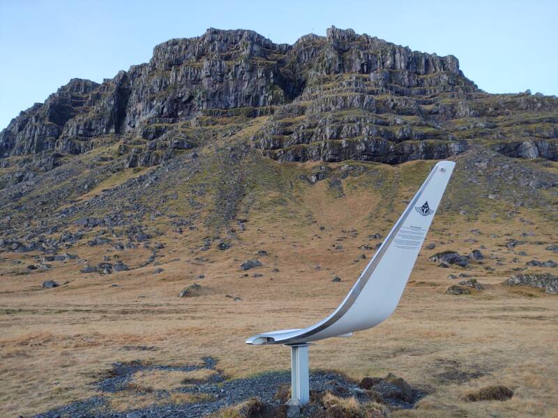 Modern jet aircraft winglet next to the Ring Road north of Hali in Iceland.
