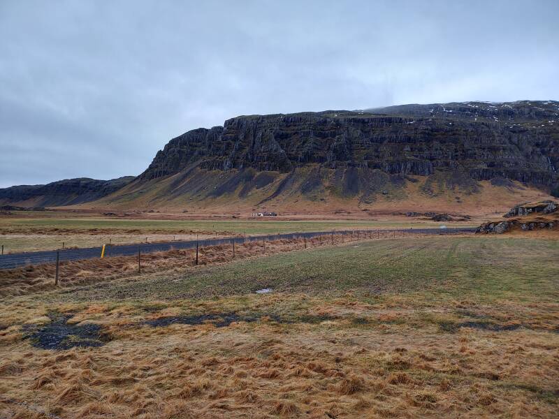 Basalt formations near the Jón Eiriksson memorial along the Ring Road north of Hali in Iceland.