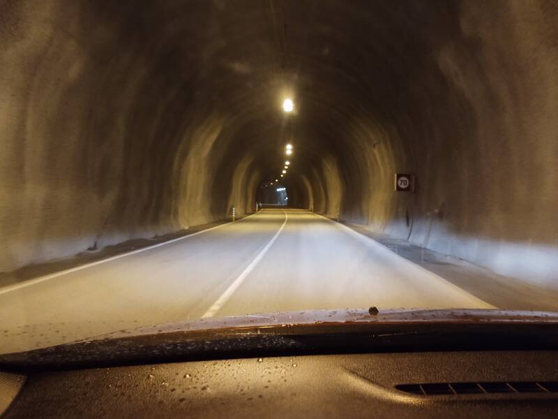 Driving through the Almannaskarðsgöng tunnel along Highway 1 north of Höfn.