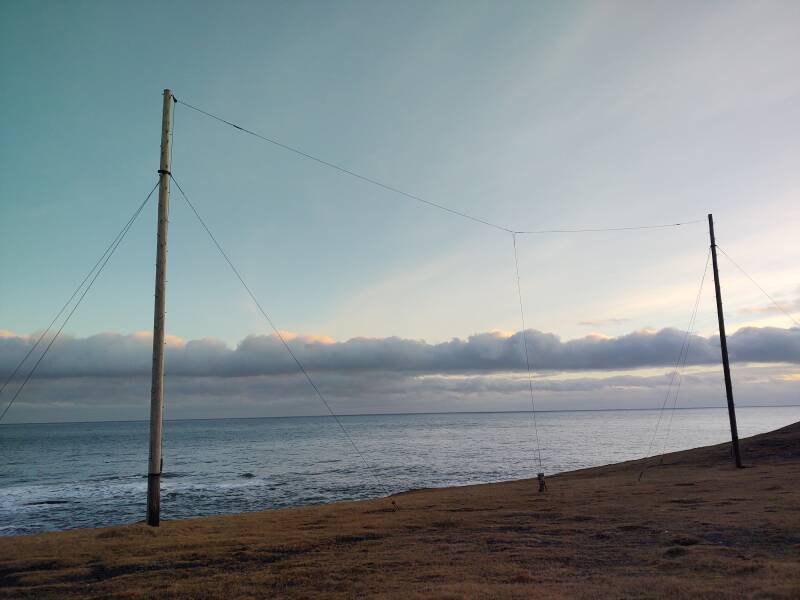 HF dipole antenna for the 6200-6525 kHz maritime band at Hvalnes point lighthouse.