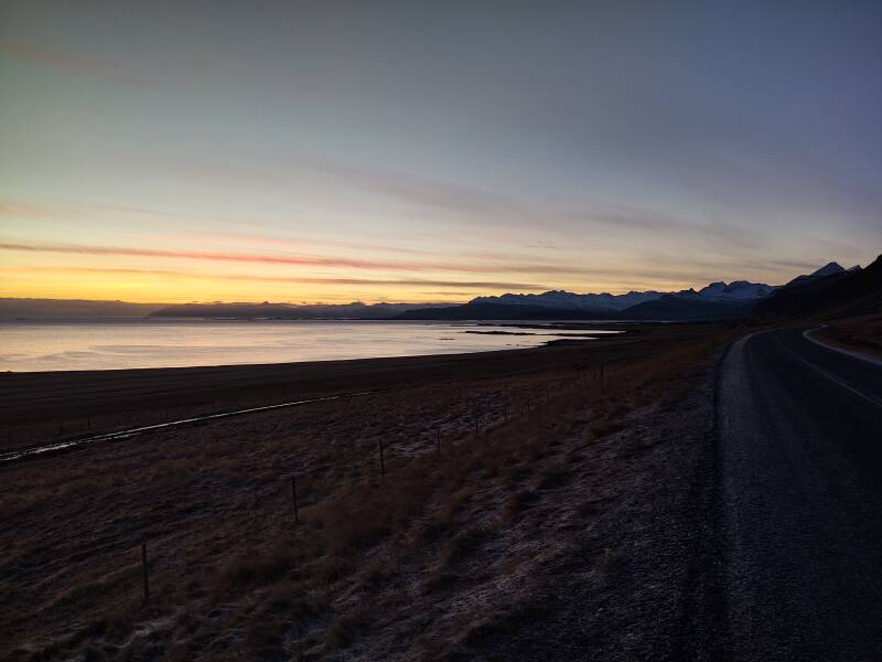 Sunset north of Berufjörður fjord nearing Streitishvarf lighthouse.