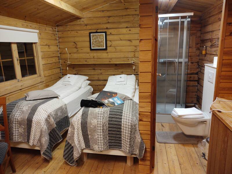 Interior of my cabin at Hotel Staðarborg outside Breiðdalsvík: beds and bathroom.