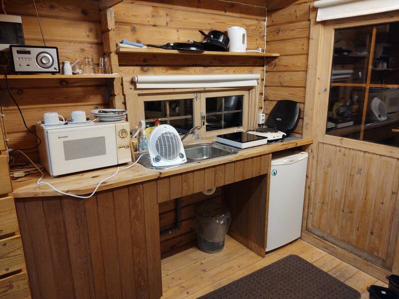 Interior of my cabin at Hotel Staðarborg outside Breiðdalsvík: kitchen and entryway.