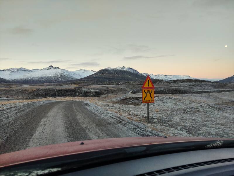 Slippery road crossing a one-lane bridge near Breiðdalsvík.