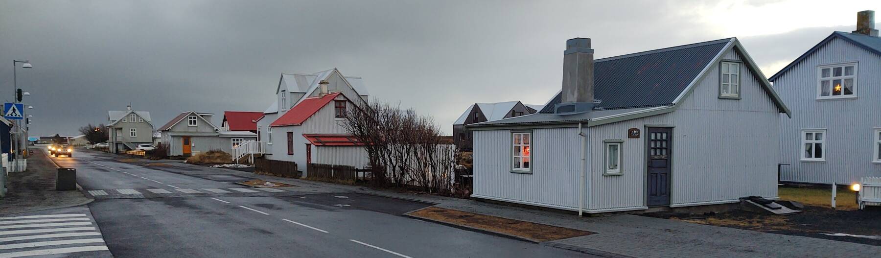 Main street through Eyrarbakki in southwestern Iceland.