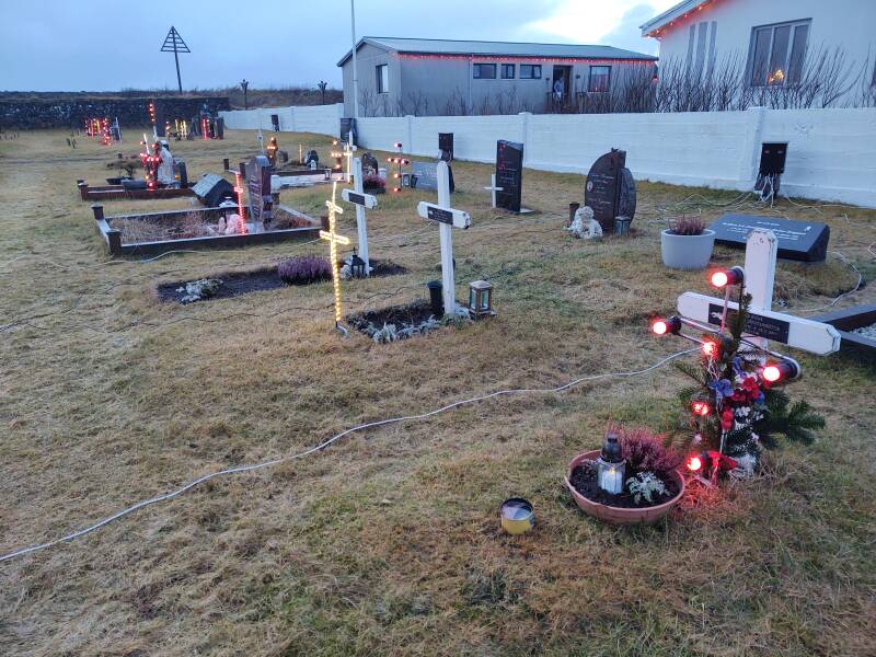 The Eyrarbakki cemetery decorated for Christmas.
